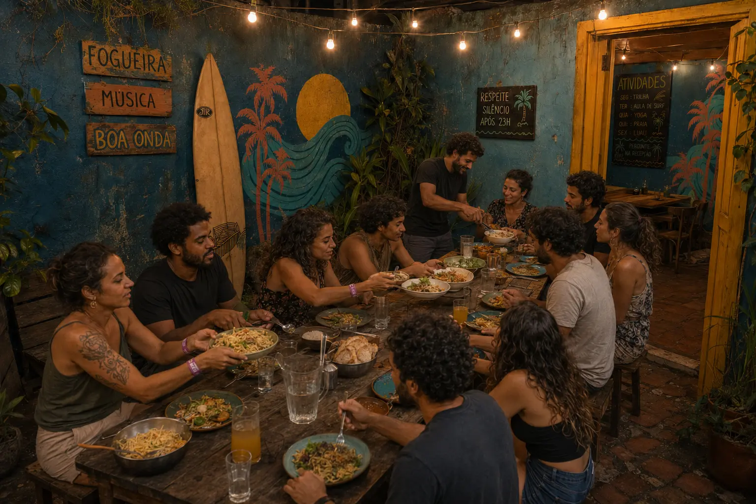 Jantar comunitário entre hóspedes