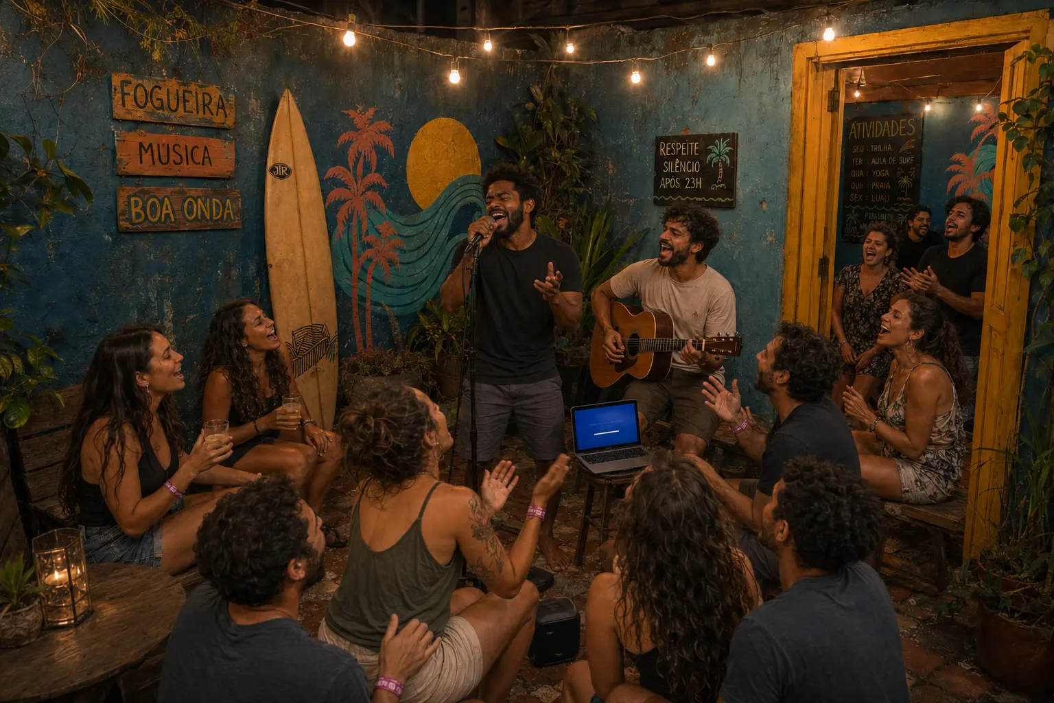 Noite de karaokê no hostel