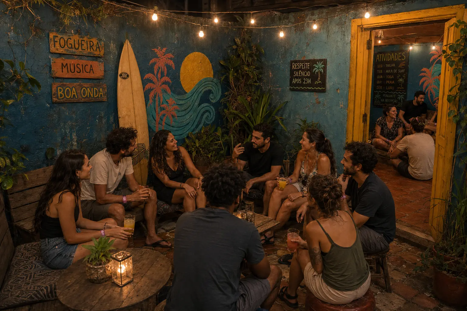 Hóspedes conversando no pátio iluminado