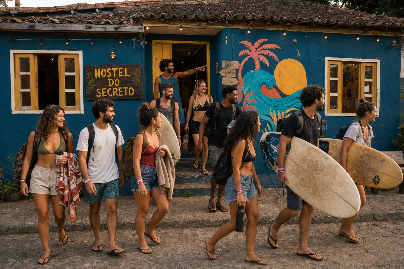 Grupo de hóspedes na praia